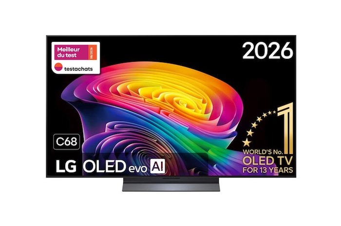 La vue avant de la LG OLED evo AI C6, lancée en 2026, présente un cadre noir fin, avec un tourbillon éclatant et sculpté de tons arc-en-ciel superposés circulant sur l’écran.