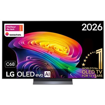 La vue avant de la LG OLED evo AI C6, lancée en 2026, présente un cadre noir fin, avec un tourbillon éclatant et sculpté de tons arc-en-ciel superposés circulant sur l’écran.