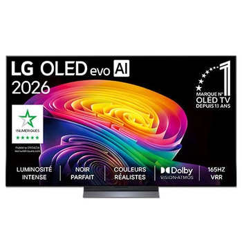 La vue avant de la LG OLED evo AI C6, lancée en 2026, présente un cadre noir fin, avec un tourbillon éclatant et sculpté de tons arc-en-ciel superposés circulant sur l’écran.