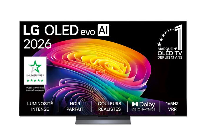 La vue avant de la LG OLED evo AI C6, lancée en 2026, présente un cadre noir fin, avec un tourbillon éclatant et sculpté de tons arc-en-ciel superposés circulant sur l’écran.