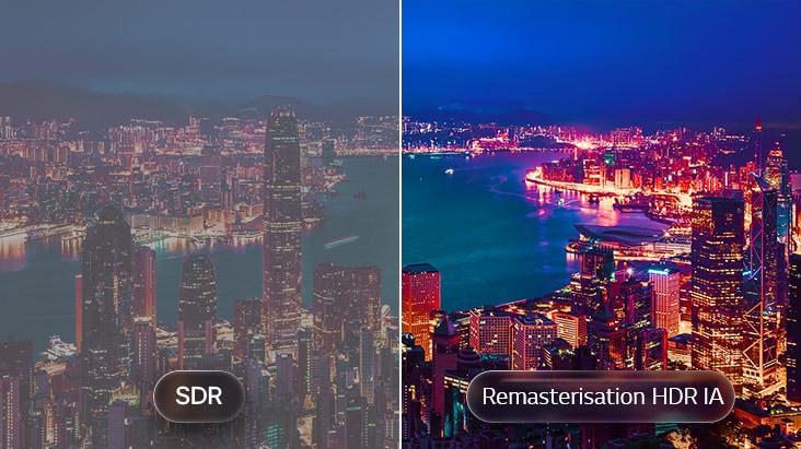 Le TV LG OLED evo AI G6 avec AI HDR Remastering est présentée dans une comparaison de paysage urbain divisé, avec SDR à gauche et AI HDR Remastering à droite, affichant des lumières de ville plus lumineuses, un contraste plus profond et des détails plus éclatants sur toute la scène. 
