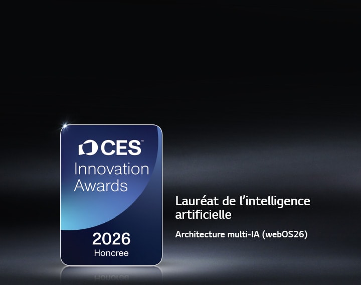 Le badge du lauréat des CES Innovation Awards 2026 est présenté sur un fond sombre. L’architecture multi-IA est reconnue dans la catégorie Intelligence artificielle.