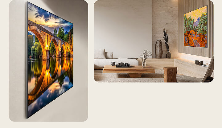 La LG OLED evo AI G6 est présentée fixée au mur monté depuis un angle latéral avec un paysage de pont lumineux à l’écran. À droite, il est fixé au mur sans espace dans un salon minimaliste, affichant un paysage coloré de style peinture qui se fond dans un intérieur aux tons bois.