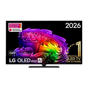 Vue avant de 55 pouces (139 cm) | LG OLED evo AI G6 (sur pied) | 4K Smart TV | 2026 OLED55G69LS