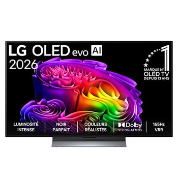 La vue avant de la LG OLED evo AI G6, lancée en 2026, présente un cadre fin noir, avec une image éclatante et sculpturale de formes multicolores richement superposées remplissant l’écran.