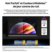LG OLED evo AI G6 montre une scène planète et étoiles à écran partagé, comparant un écran mat anti-glare à son écran Noir absolu et couleur réaliste pour une qualité d’image plus claire sous n’importe quelle lumière, pris en charge par la certification UL et les certifications Intertek pour le volume et la fidélité des couleurs.