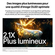 LG OLED evo AI G6 avec Brightness Booster Pro montre une scène sombre où une silhouette de cerf lumineuse se démarque au milieu de particules éclatantes, offrant une luminance 2,1 fois plus lumineuse avec des détails plus clairs.