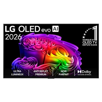 La vue avant de la LG OLED evo AI G6, lancée en 2026, présente un cadre fin noir, avec une image éclatante et sculpturale de formes multicolores richement superposées remplissant l’écran.