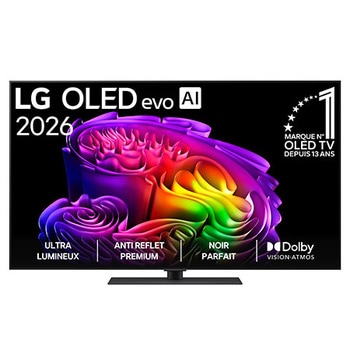 La vue avant de la LG OLED evo AI G6, lancée en 2026, présente un cadre fin noir, avec une image éclatante et sculpturale de formes multicolores richement superposées remplissant l’écran.