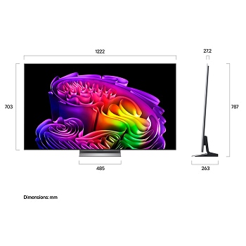 La LG OLED evo AI G6 présentée en vue avant et latérale met en valeur un écran de 55 pouces avec un écran de 1 222 mm de large, une hauteur d’écran de 703 mm, une hauteur de 787 mm avec pied, une profondeur de 27,2 mm et un encombrement au sol de 485 x 263 mm.