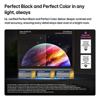 LG OLED evo AI G6 montre une scène planète et étoiles à écran partagé, comparant un écran mat anti-glare à son écran Noir absolu et couleur réaliste pour une qualité d’image plus claire sous n’importe quelle lumière, pris en charge par la certification UL et les certifications Intertek pour le volume et la fidélité des couleurs.