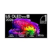 La vue avant de la LG OLED evo AI G6, lancée en 2026, présente un cadre fin noir, avec une image éclatante et sculpturale de formes multicolores richement superposées remplissant l’écran.