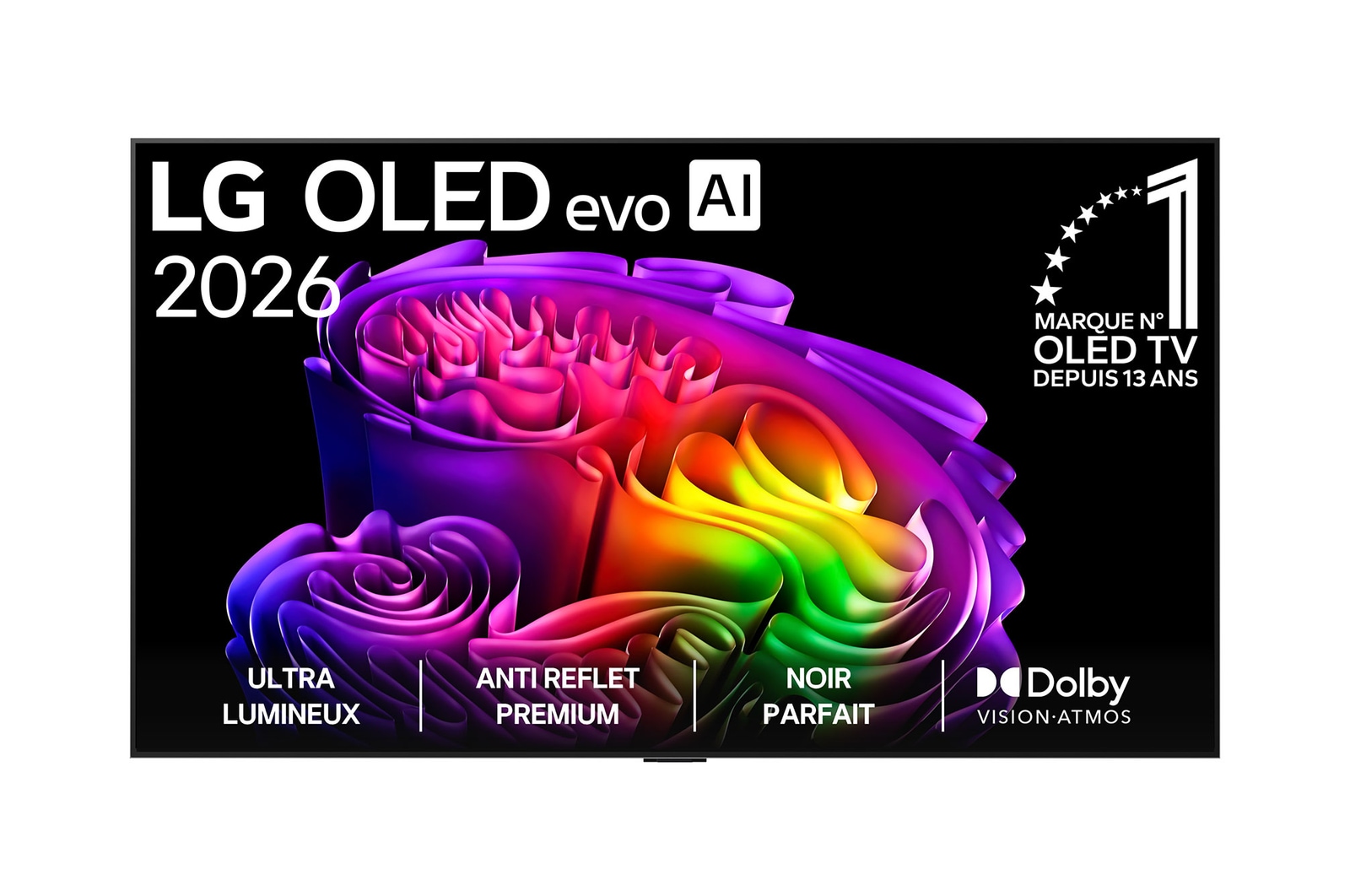 La vue avant de la LG OLED evo AI G6, lancée en 2026, présente un cadre fin noir, avec une image éclatante et sculpturale de formes multicolores richement superposées remplissant l’écran.