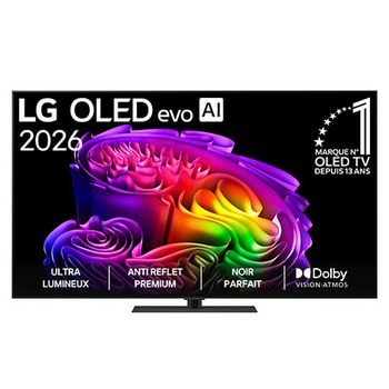La vue avant de la LG OLED evo AI G6, lancée en 2026, présente un cadre fin noir, avec une image éclatante et sculpturale de formes multicolores richement superposées remplissant l’écran.