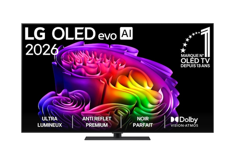 La vue avant de la LG OLED evo AI G6, lancée en 2026, présente un cadre fin noir, avec une image éclatante et sculpturale de formes multicolores richement superposées remplissant l’écran.