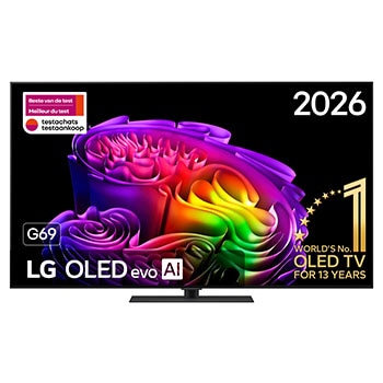 Vue avant de 65 pouces (139 cm) | LG OLED evo AI G6 (sur pied) | 4K Smart TV | 2026 OLED65G69LS