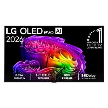 La vue avant de la LG OLED evo AI G6, lancée en 2026, présente un cadre fin noir, avec une image éclatante et sculpturale de formes multicolores richement superposées remplissant l’écran.