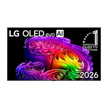 La vue avant de la LG OLED evo AI G6, lancée en 2026, présente un cadre fin noir, avec une image éclatante et sculpturale de formes multicolores richement superposées remplissant l’écran.