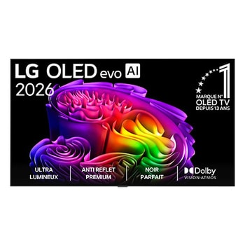 La vue avant de la LG OLED evo AI G6, lancée en 2026, présente un cadre fin noir, avec une image éclatante et sculpturale de formes multicolores richement superposées remplissant l’écran.
