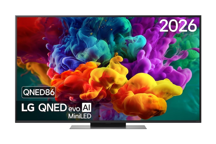 La vue avant de la Mini LED LG QNED evo AI QNED86, sortie en 2026, remplit l’écran de jaillissements éclatants et fluides de mouvements multicolores semblables à de la peinture, tandis que des nuages de couleurs denses se fondent harmonieusement sur l’écran.