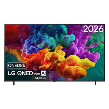 La vue avant de la Mini LED LG QNED evo AI QNED86, sortie en 2026, remplit l’écran de jaillissements éclatants et fluides de mouvements multicolores semblables à de la peinture, tandis que des nuages de couleurs denses se fondent harmonieusement sur l’écran.