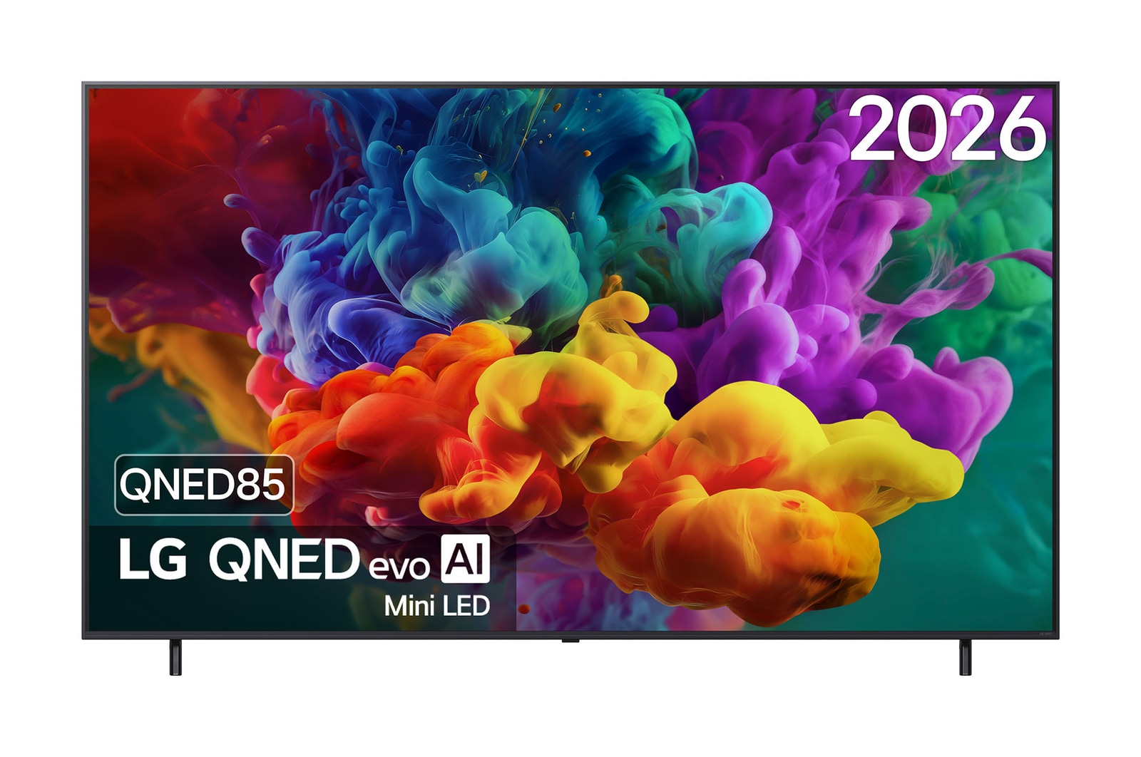 La vue avant de la Mini LED LG QNED evo AI QNED86, sortie en 2026, remplit l’écran de jaillissements éclatants et fluides de mouvements multicolores semblables à de la peinture, tandis que des nuages de couleurs denses se fondent harmonieusement sur l’écran.