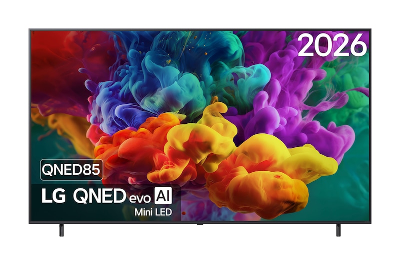La vue avant de la Mini LED LG QNED evo AI QNED86, sortie en 2026, remplit l’écran de jaillissements éclatants et fluides de mouvements multicolores semblables à de la peinture, tandis que des nuages de couleurs denses se fondent harmonieusement sur l’écran.