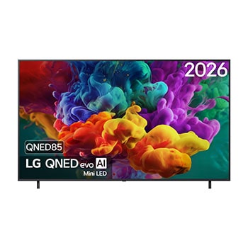 La vue avant de la Mini LED LG QNED evo AI QNED86, sortie en 2026, remplit l’écran de jaillissements éclatants et fluides de mouvements multicolores semblables à de la peinture, tandis que des nuages de couleurs denses se fondent harmonieusement sur l’écran.