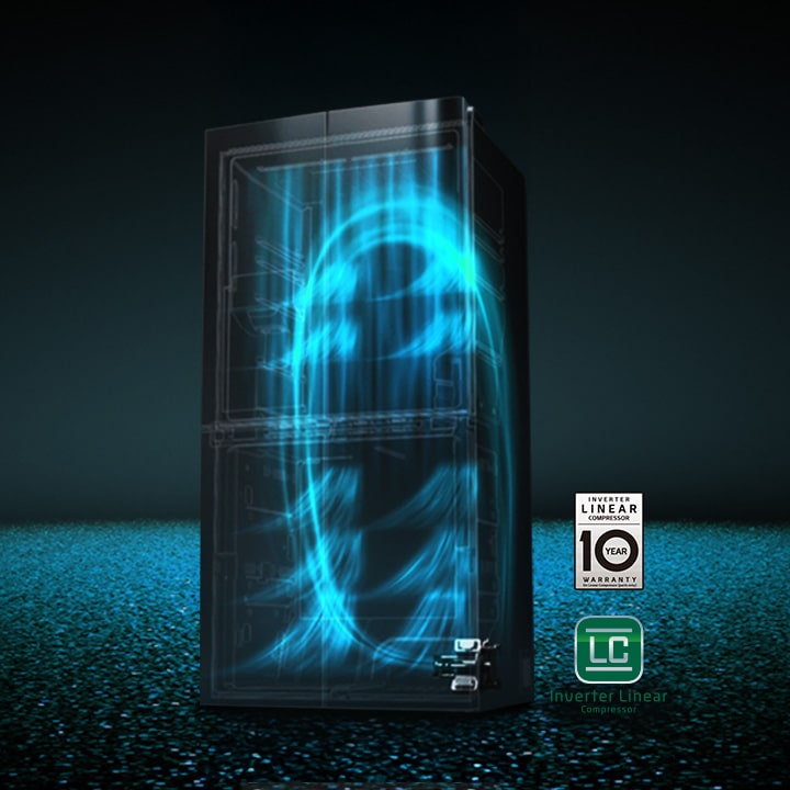 O diagrama de uma geladeira alta mostrando sua tecnologia de resfriamento. Um gráfico azul brilhante ilustra o fluxo de ar circulando por dentro, movendo-se de cima para baixo.