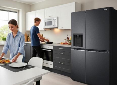 Uma geladeira LG grande em grafite escuro com armazenamento espaçoso em uma cozinha elegante. Um homem e uma mulher cozinham em frente a uma mesa.