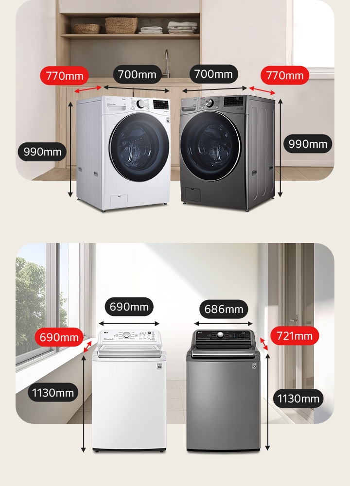 Lavadoras de roupas de grande porte com abertura frontal e superior, apresentadas com dimensões maiores para cargas volumosas.