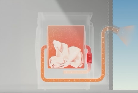 Saída de ar externo expelindo ar quente; uma tira de tecido mostra fluxo de ar constante.