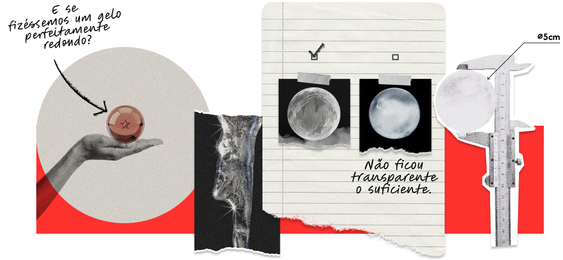 Esboços de pesquisa, diagramas de medição e uma mão segurando uma esfera de gelo redonda, explorando diferentes formatos de gelo cristalino.