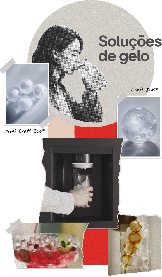 Uma mulher bebendo em um copo ao lado de fotos de diferentes tipos de gelo, dispensadores e bebidas.