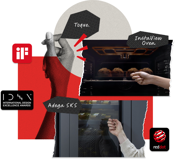 Linha de produtos e mãos batendo nas janelas de vidro de um forno e de uma adega LG InstaView, cercados por logotipos de prêmios de design.