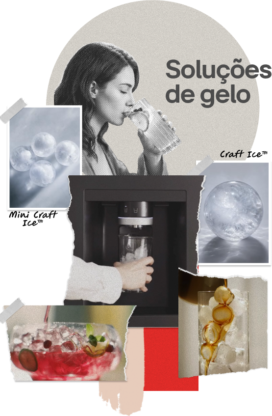 Uma mulher bebendo em um copo ao lado de fotos de diferentes tipos de gelo, dispensadores e bebidas.