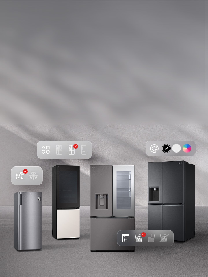 Quatro modelos de geladeiras da LG mostrados lado a lado com ícones indicando configuração, tipo, cor e opções de dispenser.