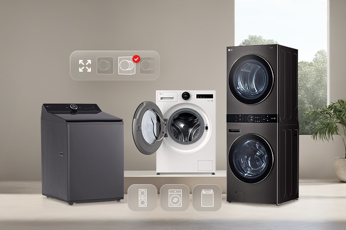 Linha de lavadoras de carregamento superior, frontal e WashTower™ da LG com ícones simples de tamanho e recursos em uma cena de lavagem de roupas doméstica.