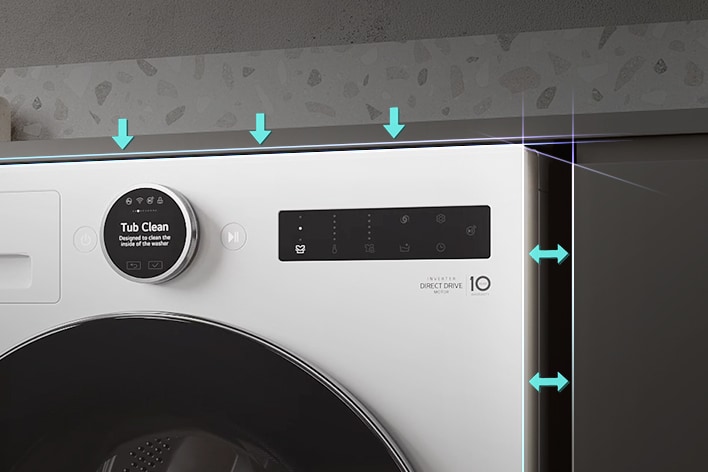 Lavadora de carregamento frontal com setas indicando largura, altura, profundidade e folgas para uma instalação suave e precisa.