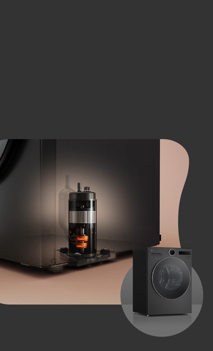 Interior da secadora com gráfico do chip de controle, visualizando o controle AI DUAL Inverter™ que adapta o tempo e a temperatura de secagem.