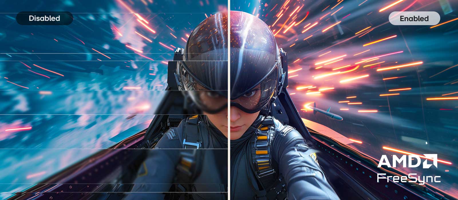 LG FHD Monitor illustrating AMD FreeSync Premium technology with a side-by-side comparison of disabled and enabled modes, showing reduced screen tearing and smoother, more fluid motion for responsive and immersive gameplay.