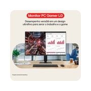 LG FHD monitor on desk displaying office dashboard charts with keyboard and mouse in workspace setup.
