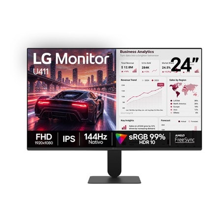 Monitor PC Gamer LG com Tela IPS 24", 144Hz, 1ms (MBR), AMD FreeSync™, HDR 10, sRGB 99%, Reader Mode, Flicker Safe, HDMI, VGA, saída de fone de ouvido - 24U411B - 24U411B-B