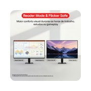 LG FHD monitor demonstrating Reader Mode and Flicker Safe features for reduced eye strain.