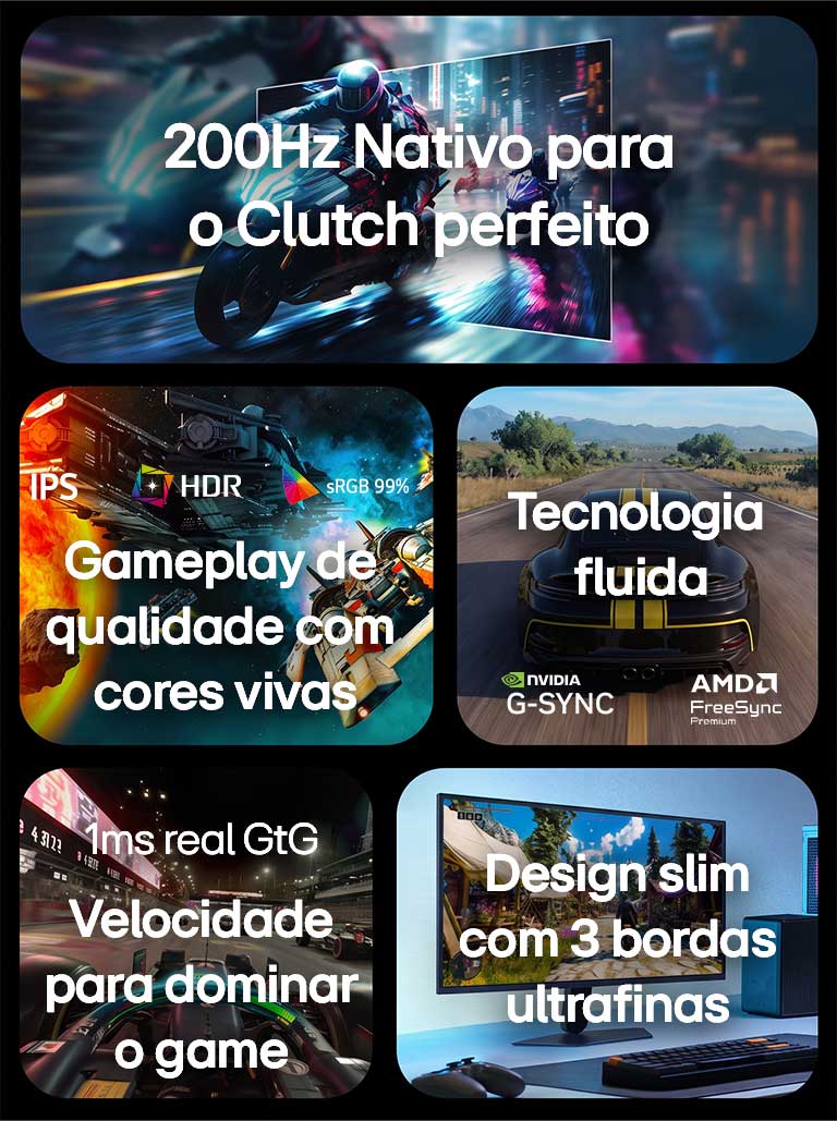 This image presents key features of an LG gaming monitor, including a 200Hz refresh rate for fluid motion, IPS display with HDR and sRGB 99% color for vivid visuals, smooth gameplay with NVIDIA G-SYNC and AMD FreeSync Premium support, 1ms(GtG) response time for fast-paced gaming, and a virtually borderless design for an immersive setup.