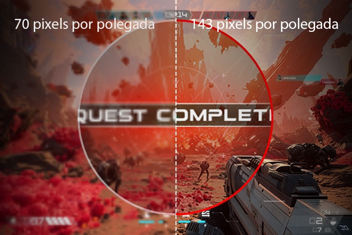 Monitor gamer UltraGear (39GX950B) com 143 pixels por polegada para precisão e clareza nos games, comparado a 70 pixels por polegada