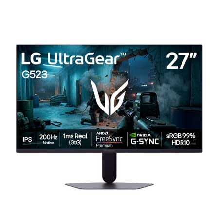 Monitor LG UltraGear™ 27G523B - 200Hz Nativo, Tela IPS 27", 1ms real (GtG), NVIDIA G-SYNC, AMD FreeSync Premium™, HDR10, sRGB 99%, HDMI, DisplayPort, Saída para fone de ouvido - 27G523B-B