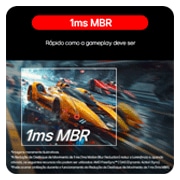 A yellow racing car is shown speeding forward on the screen, with '1ms MBR' displayed prominently.