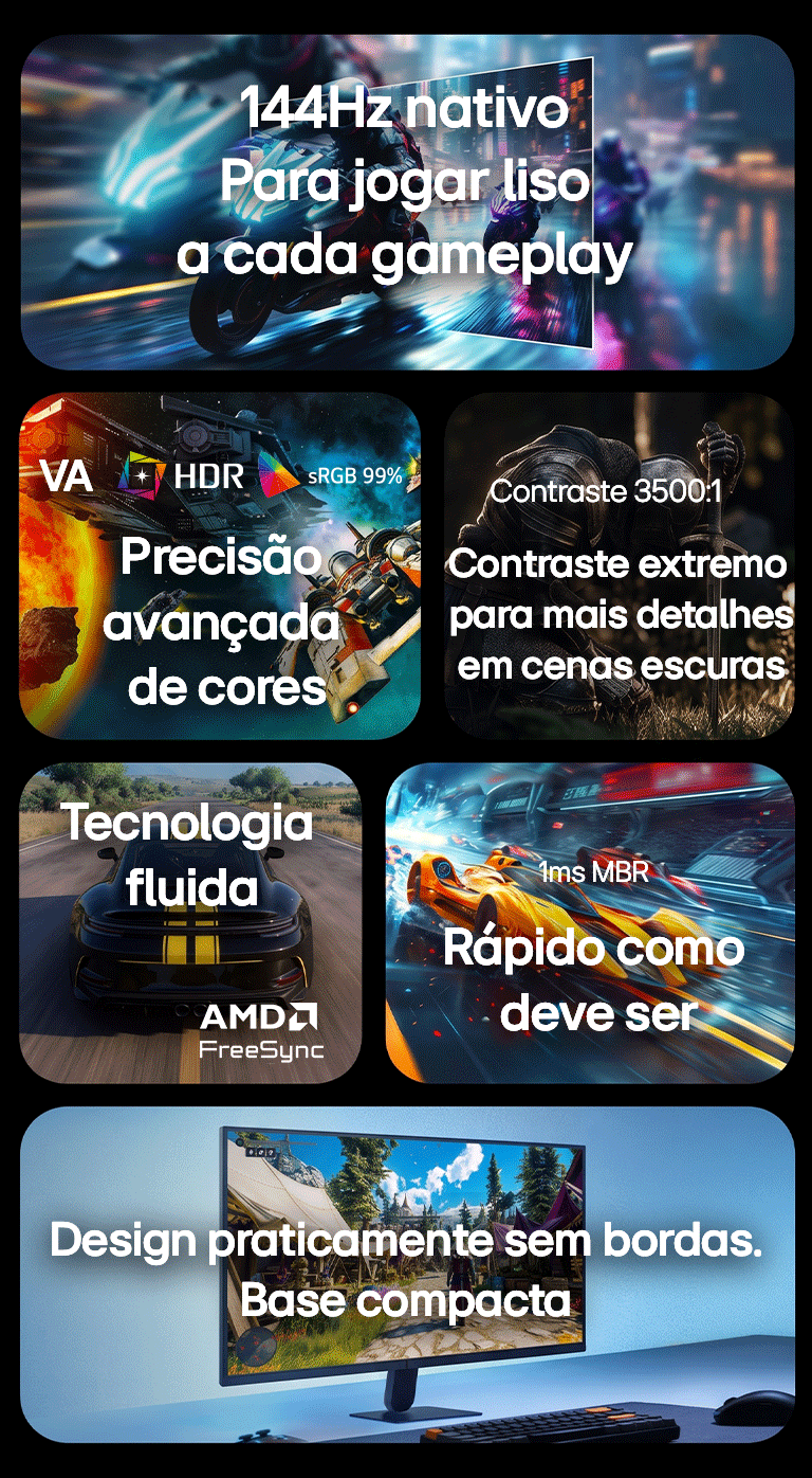 This image presents key features of an LG gaming monitor, including a 144Hz refresh rate for fluid motion, HDR and sRGB 99% color for vivid visuals, enhanced dark-scene visibility with a 3500:1 contrast ratio, smooth gameplay with AMD FreeSync support, fast response with 1ms MBR, and a virtually borderless design for an immersive setup.