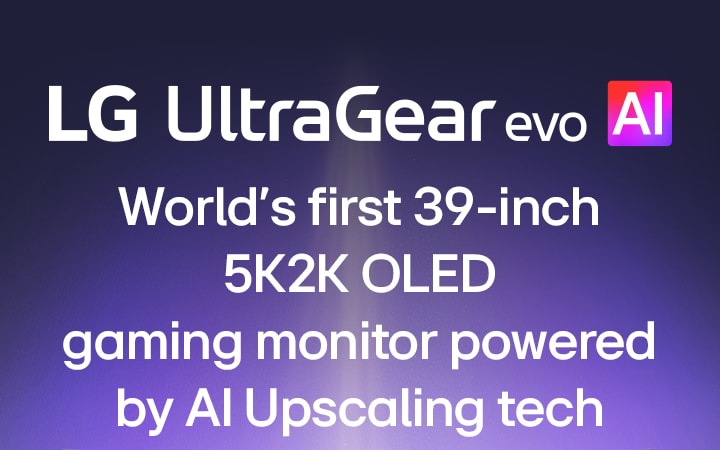 Logo UltraGear™ evo AI em uma sala futurista iluminada por néon.